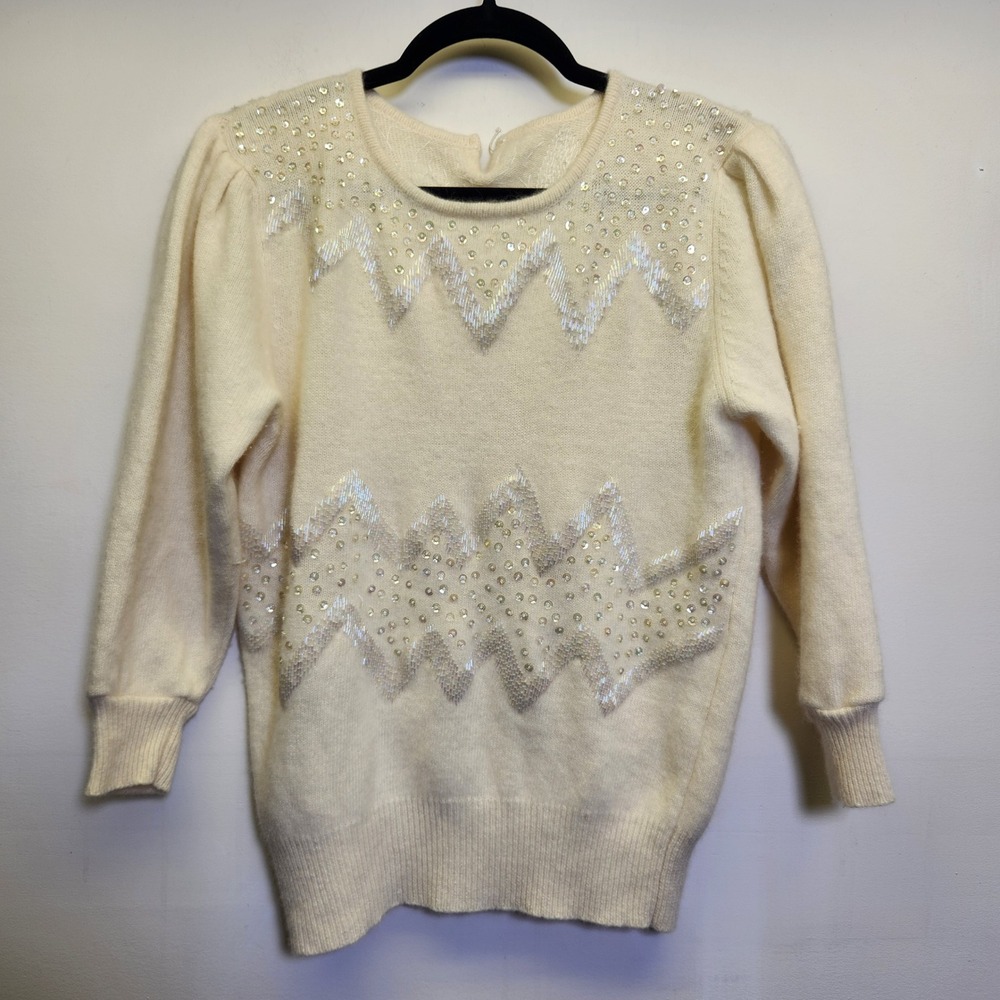 Vtg 1980s Cream Knit Sweater Lambswool Angora Rabbit Hair S/M 3/4 Sleeves Fuzzy